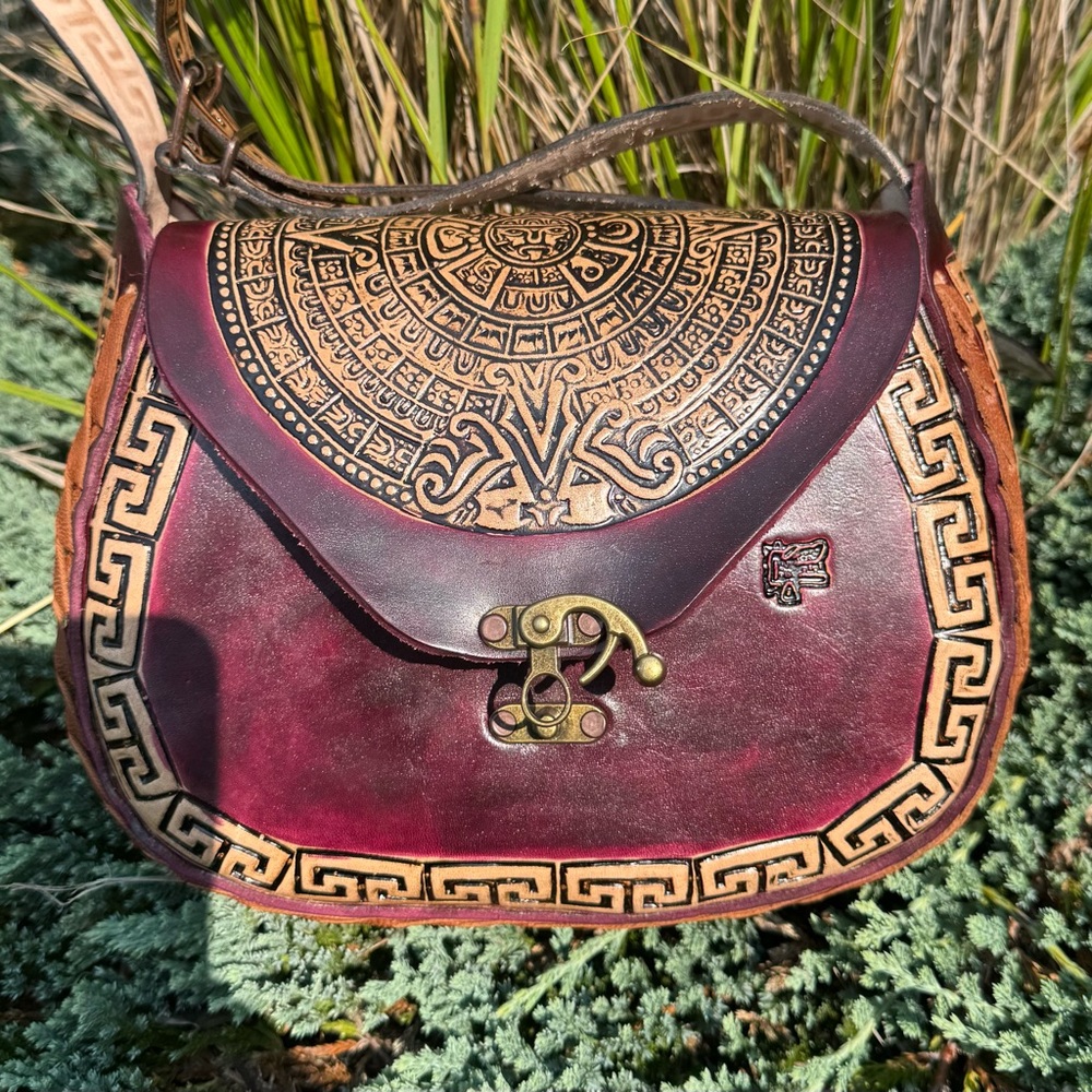 Mexican Tooled Leather Shoulder Bag with Aztec Calendar & Jaguar